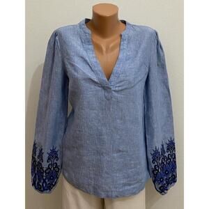 Boden Blouse 100% Linen Embroidered Sleeves V Neck Womans Size 6